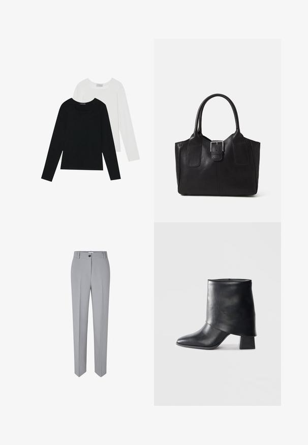 Deux tops à manches longues, un noir et un blanc, tous deux avec un décolleté carré et fabriqués en tissu doux et extensible.; Pantalon gris ajusté avec une jambe droite, fabriqué à partir d'un tissu lisse. Comprend une fermeture à bouton à l'avant et deux poches avant.; Bottine en cuir noir à bout pointu, texture lisse et talon bloc structuré. Elle se distingue par un design de revers haut et plié.; Sac fourre-tout en cuir noir avec une texture lisse, une forme structurée, deux poignées et un détail en boucle argentée proéminent à l'avant.