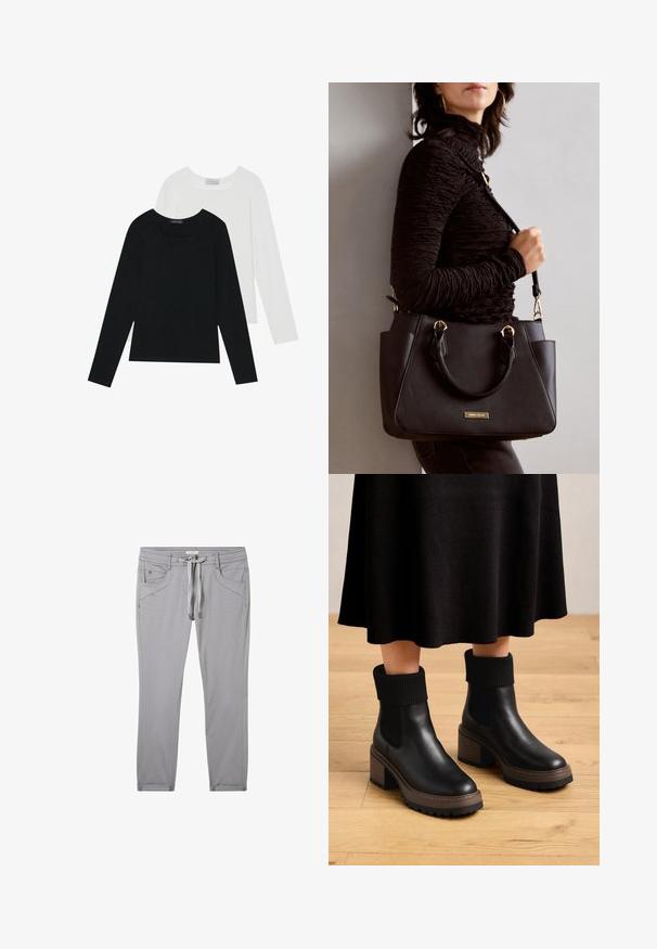 Kaks pikka varrukatoppi, üks must ja teine valge, mõlemad ruudukujulise kaelusega ja valmistatud pehmest, venivast kangast.; Hallistest pükstest, mis on valmistatud pehmest materjalist, paelaga vöökoht, neli taskut ja kitsas lõige koos peente õmbluse detailidega.; Mustad nahast kiilukontsaga pahkluu saapad, millel on soonikuga riidest varrukad, tummine pruuni värvi konts ja tekstuuriga tald. Sile pind ja elastsed külgpaneelid.; Musthave must kott, millel on tekstuurne pind, kaks ülemist käepidet ja reguleeritav õlarihm. Omab kuldse tooni riistu ja külgtaskuid.