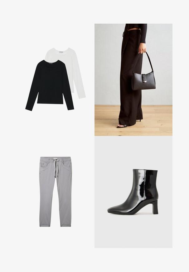 Due magliette a maniche lunghe, una nera e una bianca, entrambe con scollo quadrato e realizzate in un tessuto morbido e elasticizzato.; Pantaloni grigi realizzati in un materiale morbido, con vita regolabile tramite laccetto, quattro tasche e una vestibilità slim con dettagli di cucitura sottili.; Stivaletto in pelle verniciata nera con punta a punta e tacco a blocco di altezza media. Texture liscia e design minimalista.; Borsa nera con forma strutturata, texture liscia e una chiusura metallica. Abbinata a pantaloni neri larghi e sandali open-toe su un pavimento in legno.