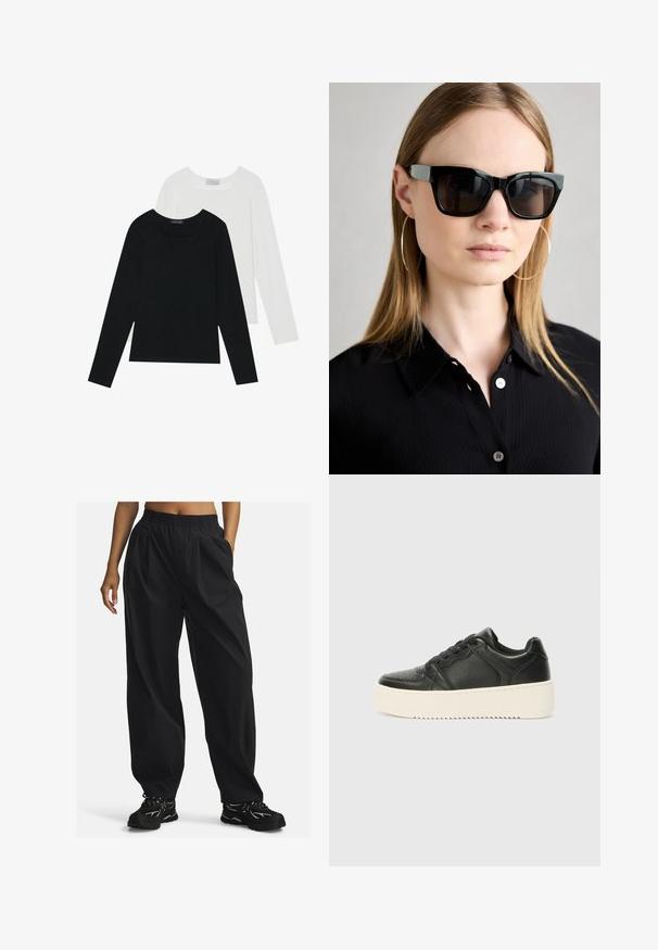 Divi ilgiem piedurknēm tops, viens melns un otrs balts, abiem ir kvadrāta izgriezums un tie ir izgatavoti no mīksta, elastīga auduma.; Melna, brīvi uzvalkota bikses, kas izgatavotas no viegla auduma ar elastīgu jostasvietu, ar sānu kabatām un gludu tekstūru.; Melnas ādas sporta apavi ar gludu tekstūru, bieza krēmkrāsas zole, apaļa purngala forma un klasiskā auklu slēdzēja dizains. Smalkas šuvju detaļas.; Melni taisnstūra saulesbrilles ar spīdīgu apdari, sudraba akcenti pie tempļiem, ko valkā modele ar gariem taisniem matiem un melnu krekli.