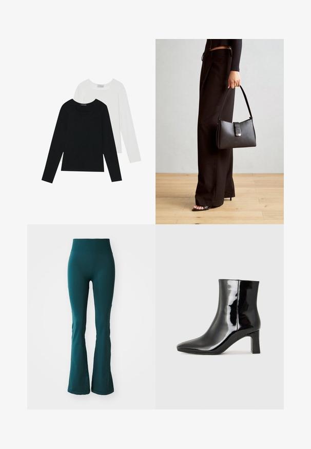 Zwei Langarmoberteile, eines schwarz und eines weiß, beide mit einem quadratischen Ausschnitt und aus weichem, dehnbarem Stoff.; Tiefblaue ausgestellte Leggings aus glattem, dehnbarem Material mit einem hohen Bund, die eine subtile Textur und eine figurbetonte Passform aufweisen.; Schwarzer Lackleder-Stiefelette mit spitzer Zehe und einem mittelhohen Blockabsatz. Glatte Textur und minimalistisches Design.; Schwarze Handtasche mit strukturierter Form, glatter Textur und einem metallischen Verschluss. Kombiniert mit weiten schwarzen Hosen und offenen Sandalen auf einem Holzboden.