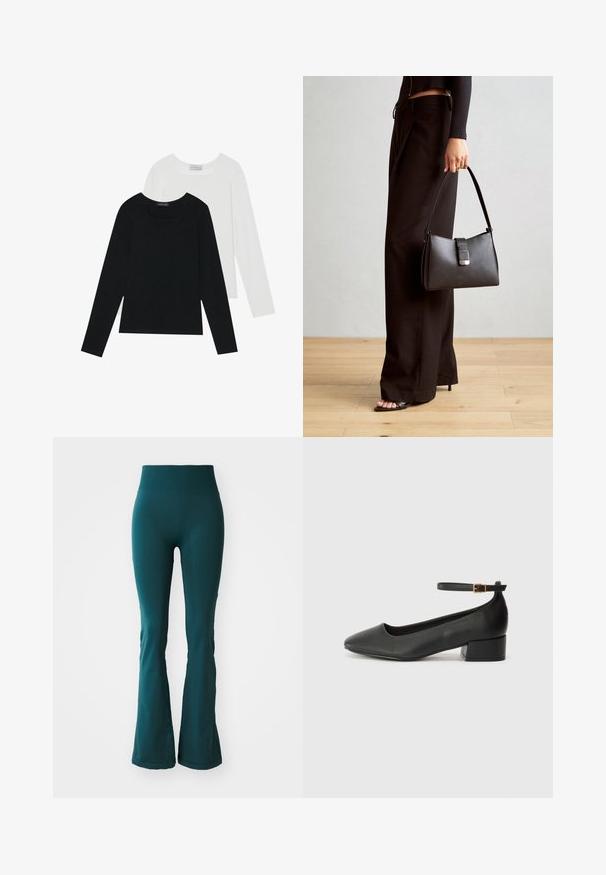 To lange ermer t-skjorter, en svart og en hvit, begge med firkantet utringning og laget av mykt, elastisk stoff.; Teal flared leggings laget av glatt, elastisk stoff med høy midje, med en subtil tekstur og tett passform.; Sorte skinnpumper med spiss tå og lav blokkhelt. Har ankelrem med gullfarget spenne. Glatt tekstur.; Svart håndveske med strukturert form, jevn tekstur og metallisk lås. Kombinert med brede svarte bukser og sandaler med åpen tå på tregulv.