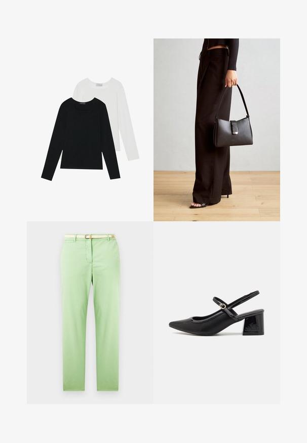 Két hosszú ujjú felső, az egyik fekete, a másik fehér, mindkettő négyzet alakú nyakkivágással rendelkezik, és puha, rugalmas anyagból készült.; Világoszöld, egyenes szabású pamut nadrág, szőtt bézs övvel, elülső zsebbe, látható minták vagy díszítések nélkül.; Fekete lakk bőr, pántos magassarkú cipő, hegyes orral, lekerekített kivágással és tömbsarkal. Arany színű csat díszíti.; Fekete kézi táska strukturált formával, sima textúrával és fémből készült záródással. Széles fekete nadrággal és nyitott orrú szandállal párosítva, fából készült padlón.