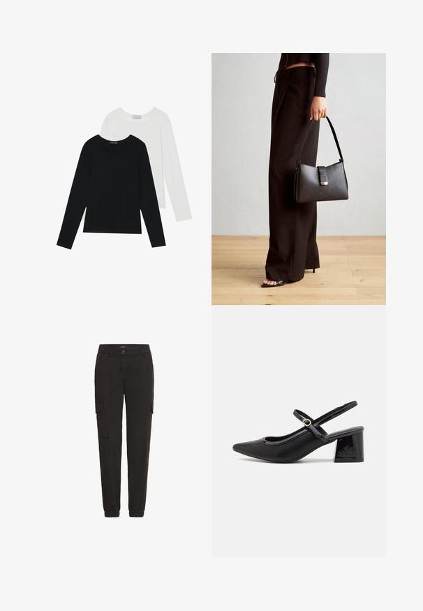 Kaks pikka varrukatoppi, üks must ja teine valge, mõlemad ruudukujulise kaelusega ja valmistatud pehmest, venivast kangast.; Mustad mustad püksid, mis on valmistatud kergest kangast, elastse vöökoha, küljetaskute ja lõdva lõikega.; Mustad läikivad nahast slingback-kõrged kontsad, millel on terav nina, ümar lõikekujundus ja blokknina. Omab kuldset nupu aktsenti.; Must musta kott, millel on struktureeritud kuju, sile tekstuur ja metallist klamber. Kombineeritud laiate mustade pükstega ja avatud varvaste sandaalidega puidust põrandal.