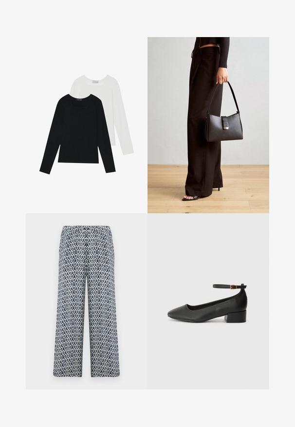 Dos camisetas de manga larga, una negra y otra blanca, ambas con escote cuadrado y confeccionadas en un tejido suave y elástico.; Pantalones de pierna ancha impresos con una cintura elástica. Presenta un patrón geométrico en azul marino y blanco sobre una tela ligera.; Zapato de tacón negro de cuero con punta afilada y tacón bajo cuadrado. Presenta una correa para el tobillo con una hebilla en tono dorado. Textura suave.; Bolso negro con forma estructurada, textura suave y un cierre metálico. Combinado con pantalones anchos negros y sandalias de dedo en un suelo de madera.
