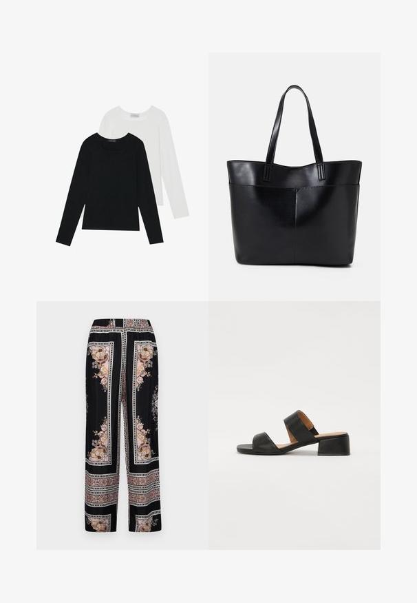 Két hosszú ujjú felső, az egyik fekete, a másik fehér, mindkettő négyzet alakú nyakkivágással rendelkezik, és puha, rugalmas anyagból készült.; Fekete, bő szárú nadrág virág- és paisley mintával, pink és arany árnyalatokban. Jellemzője a mintás derékpánt és a puha szövettextúra.; Fekete bőr szandál, két széles pánttal a lábfej fölött, négyzet alakú orral és alacsony blokksarkal. Simás textúra és minimalista dizájn.; Fekete bőr bevásárlótáska két hosszú fogantyúval, sima felülettel és strukturált formával. Elülső zseb található rajta a plusz tárolás érdekében.