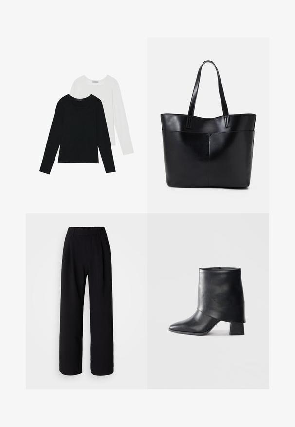Dvě dlouhé rukávy, jedna černá a jedna bílá, obě s čtvercovým výstřihem a vyrobené z měkké a elastické látky.; Černé široké kalhoty vyrobené z hladké látky. Mají přizpůsobený pás a přední sklady pro přidaný objem. Přizpůsobený design.; Černá kožená kotníková bota s špičatou špičkou, hladkým povrchem a pevně strukturovaným blokovým podpatkem. Disponuje vysokým, skládacím manžetovým designem.; Černá kožená taška s dlouhými ušima, hladkým povrchem a strukturovaným tvarem. Obsahuje přední kapsu pro další úložný prostor.