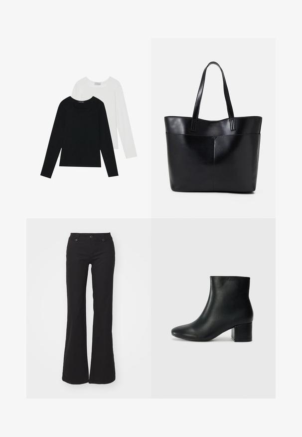Dva dugo rukava, jedan crni i jedan bijeli, oba s kvadratnim izrezom i izrađeni od mekane, rastezljive tkanine.; Crne široke hlače od pamuka s patentnim zatvaračem i dva gumba, s prednjim džepovima i glatkom teksturom. Jednostavan i svestran dizajn.; Crne kožne čizme do članaka s uskim vrhom i debelim potplatom. Glatka tekstura s minimalnim detaljima i elegantan, prilagođen dizajn.; Crna kožna torba s dugim ručkama, glatkom teksturom i strukturiranim oblikom. Ima prednju džep za dodatno pohranu.