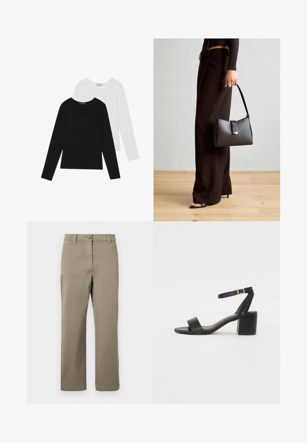 Deux tops à manches longues, un noir et un blanc, tous deux avec un décolleté carré et fabriqués en tissu doux et extensible.; Chino en coton kaki avec une coupe droite, dotés d'un bouton à l'avant, de poches latérales et d'une texture lisse. Pas de motifs ou d'accents visibles.; Sandale à talons noirs avec un dessus en cuir lisse, une ouverture à l'avant, de larges brides avant et une bride de cheville ajustable avec une boucle dorée.; Sac à main noir à la forme structurée, texture lisse et fermoir métallique. Associé à un pantalon noir ample et des sandales ouvertes sur un sol en bois.