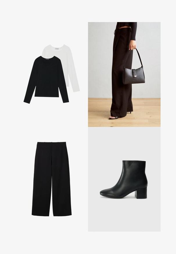 Două bluze cu mânecă lungă, una neagră și una albă, ambele având un guler pătrat și fiind confecționate dintr-un material moale și elastic.; Pantaloni negri cu croială largă, confecționați dintr-un material texturat, cu talie înaltă, având pliseuri frontale și un design simplu. Fără buzunare vizibile sau elemente metalice.; Cizme negre din piele până la gleznă, cu vârf ascuțit și toc robust. Textură netedă, cu accente minime și un design elegant, ajustat.; Genți negre cu o formă structurată, textură netedă și un închizător metalic. Asortată cu pantaloni negri largi și sandale cu vârf deschis pe un podea din lemn.