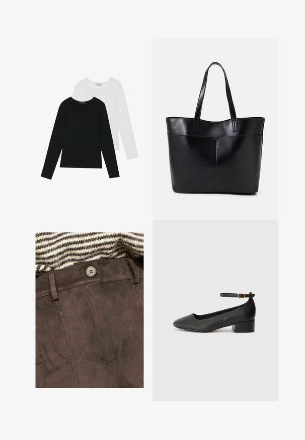 Dva dolga rokava, en črn in en bel, oba z kvadratnim izrezom in narejena iz mehkega, raztegljivega materiala.; Rjava semišasta hlače z gladko teksturo, ki imajo sprednji gumb in zanke za pas, delno pokrite s prugastim pletenim puloverjem.; Črne usnjene pumpice z nazobčanimi prsti in nizko blokasto peto. Imajo trak okoli gležnja z zaponko v zlatem tonu. Gladka tekstura.; Črna usnjena torba z dvema dolgima ročajema, gladko teksturo in strukturirano obliko. Ima sprednji žep za dodatno shranjevanje.