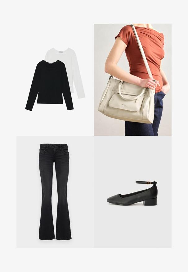 Dva dolga rokava, en črn in en bel, oba z kvadratnim izrezom in narejena iz mehkega, raztegljivega materiala.; Črne jeanske hlače z lahkimi poškodbami, sprednjimi in zadnjimi žepi, gumbnim zapiranjem in dizajnom razširjenih nogavic.; Črne usnjene pumpice z nazobčanimi prsti in nizko blokasto peto. Imajo trak okoli gležnja z zaponko v zlatem tonu. Gladka tekstura.; Bela usnjena torba z dvema ročkama in odstranljivo naramnico, ki ima sprednji žep na zadrgo in gladko teksturo. Nositi jo na osebi na roki.