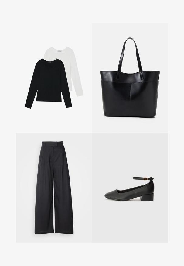 Twee shirts met lange mouwen, één zwart en één wit, beide met een vierkante halslijn en gemaakt van zacht, rekbaar materiaal.; Donker, wijde broeken met een gestructureerde tailleband en plooien. Gemaakt van lichte stof, met een gladde textuur en zonder zichtbare patronen.; Zwarte leren pump met een spitse neus en een lage blokhak. Beschikt over een enkelband met een goudkleurige gespsluiting. Gladde textuur.; Zwarte leren tote bag met twee lange handvatten, een zachte textuur en een gestructureerde vorm. Voorzien van een voorvak voor extra opslagruimte.