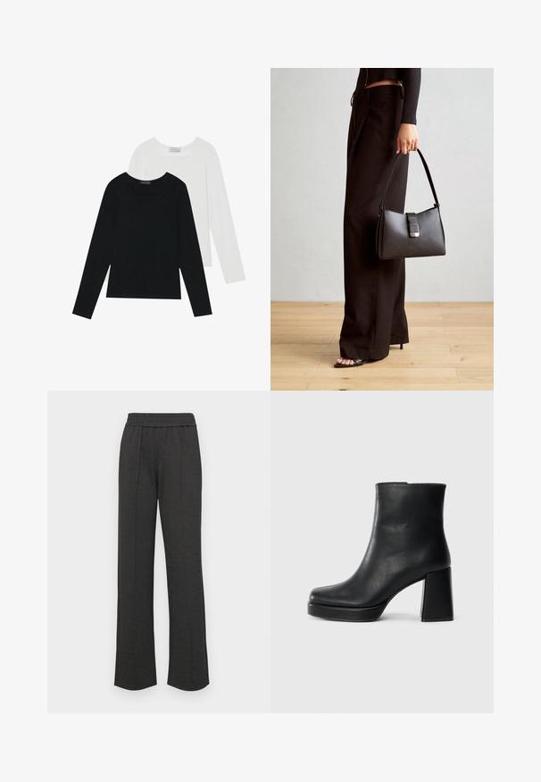 Dva dugo rukava, jedan crni i jedan bijeli, oba s kvadratnim izrezom i izrađeni od mekane, rastezljive tkanine.; Crne ravne hlače sa elastičnim pojasom, prednjim naborima, mekanim materijalom i bez vidljivih uzoraka ili metalnih detalja.; Crna kožna čizma do gležnja s blok petom i platformom, prikazana s bočne strane na jednostavnoj bijeloj pozadini.; Crna torba s oblikom koji sadrži strukturu, glađu teksturu i metalnu kopču. Uparena s širokim crnim hlačama i sandalama na otvorenom s drvenog poda.