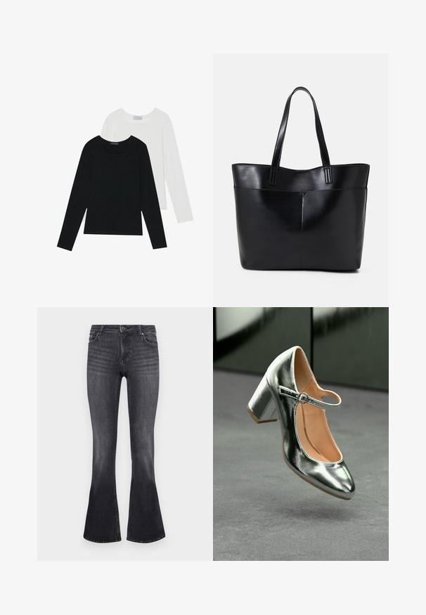 Twee shirts met lange mouwen, één zwart en één wit, beide met een vierkante halslijn en gemaakt van zacht, rekbaar materiaal.; Uitgebreide jeans in donkergrijze denim met een vervaagde afwerking. Beschikt over een standaard vijf-pocket ontwerp en metalen knoopsluiting in de taille.; Metallische zilveren Mary Jane-hakken met een afgeronde neus, enkelbandje en blokhak, met een gladde textuur en een lichtbruine binnenkant.; Zwarte leren tote bag met twee lange handvatten, een zachte textuur en een gestructureerde vorm. Voorzien van een voorvak voor extra opslagruimte.