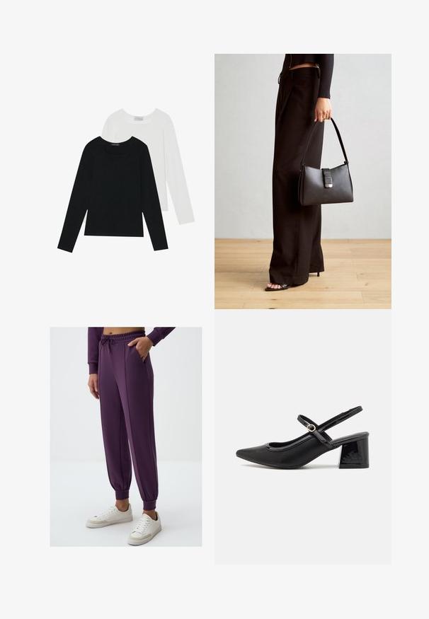 Zwei Langarmoberteile, eines schwarz und eines weiß, beide mit einem quadratischen Ausschnitt und aus weichem, dehnbarem Stoff.; Lila Jogginghose mit elastischem Bund und Bündchen, ausgestattet mit zwei Seitentaschen und einer glatten Textur. Kombiniert mit weißen Sneakers.; Schwarze Lackleder-Slingback-Absätze mit spitzer Zehenform, einem runden Ausschnitt-Design und einem Blockabsatz. Mit einem goldfarbenen Schnallenakzent.; Schwarze Handtasche mit strukturierter Form, glatter Textur und einem metallischen Verschluss. Kombiniert mit weiten schwarzen Hosen und offenen Sandalen auf einem Holzboden.