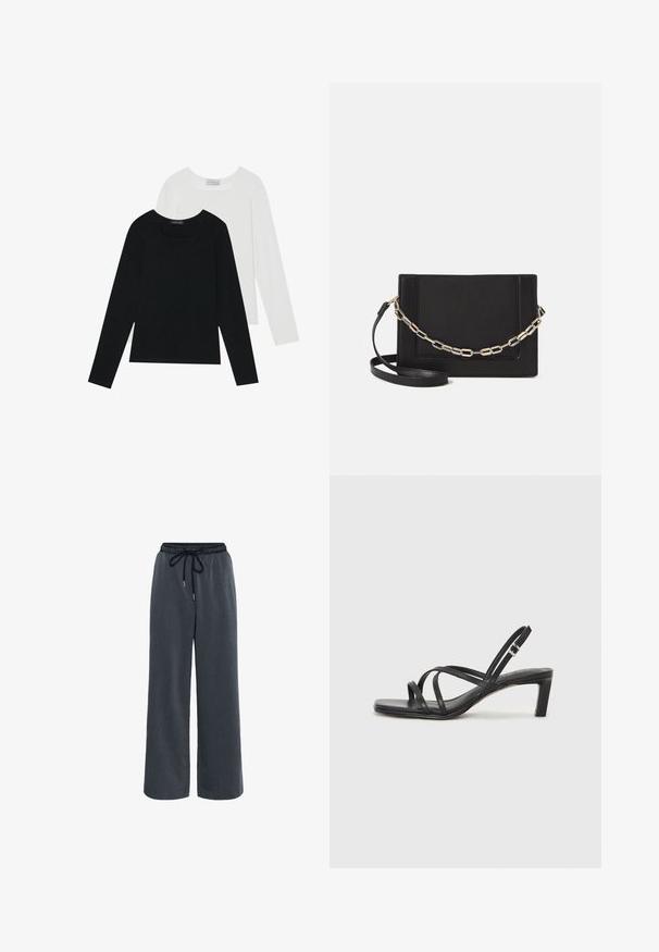 Dos camisetas de manga larga, una negra y otra blanca, ambas con escote cuadrado y confeccionadas en un tejido suave y elástico.; Kaffe NEVIL - Pantalones - dark grey melange; Sandalia negra de tiras con punta cuadrada y tacón bajo de bloque. Presenta múltiples tiras delgadas y una correa ajustable en el tobillo. Fabricada en cuero suave.; Bolso cruzado de piel negra con textura suave, forma rectangular y un detalle de cadena metálica en el frente. Incluye una correa ajustable.