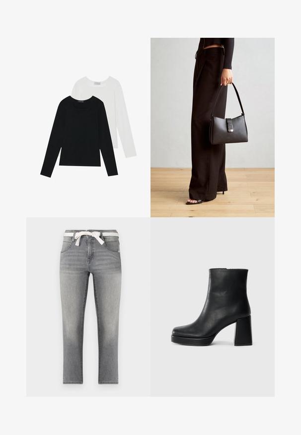 Dva dolga rokava, en črn in en bel, oba z kvadratnim izrezom in narejena iz mehkega, raztegljivega materiala.; Sive farmerke s ravnim krojem, opremljene prugastim remenom, prednjim žepovima in diskretnim praskami na tkanini.; Črne usnjene gležnjarje z blok peto in platformo, prikazane s strani na enobarvni beli podlagi.; Črna torbica z strukturirano obliko, gladko teksturo in kovinskim zaponko. Ujemajo se z širokimi črnimi hlačami in odprtimi sandali na lesenem tleh.