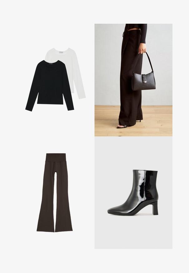 Deux tops à manches longues, un noir et un blanc, tous deux avec un décolleté carré et fabriqués en tissu doux et extensible.; Jambières évasées marron foncé avec une large ceinture côtelée. Fabriquées en matériau doux et extensible, elles présentent un design sans coutures et sans matériel visible.; Bottines en cuir verni noir avec un bout pointu et un talon block de hauteur moyenne. Texture lisse et design minimaliste.; Sac à main noir à la forme structurée, texture lisse et fermoir métallique. Associé à un pantalon noir ample et des sandales ouvertes sur un sol en bois.