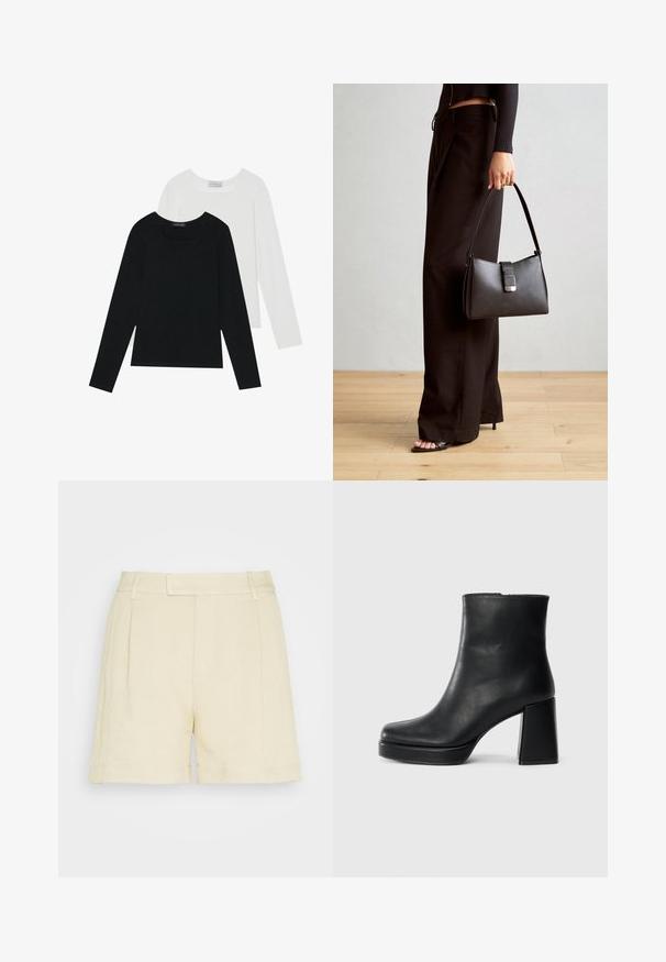 Dva dugo rukava, jedan crni i jedan bijeli, oba s kvadratnim izrezom i izrađeni od mekane, rastezljive tkanine.; Lindex MARIA - Kratke hlače - beige; Crna kožna čizma do gležnja s blok petom i platformom, prikazana s bočne strane na jednostavnoj bijeloj pozadini.; Crna torba s oblikom koji sadrži strukturu, glađu teksturu i metalnu kopču. Uparena s širokim crnim hlačama i sandalama na otvorenom s drvenog poda.