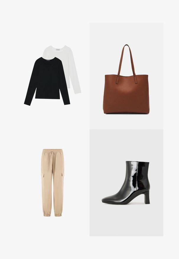 Twee shirts met lange mouwen, één zwart en één wit, beide met een vierkante halslijn en gemaakt van zacht, rekbaar materiaal.; Beige cargo broeken van zacht materiaal, met een elastische tailleband, trekkoord en zijzakken. Tapered leg met elastische boorden.; Zwarte gepolijste leren enkellaars met een spitse neus en een blokhak van gemiddelde hoogte. Glad textuur en minimalistisch ontwerp.; Bruine leren tote bag met een gladde textuur, een ontwerp met een open bovenkant en twee schouderbanden. Kenmerkt zich door minimale stiksels en geen zichtbare hardware.