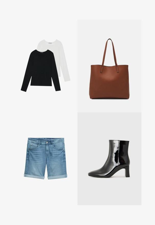 Két hosszú ujjú felső, az egyik fekete, a másik fehér, mindkettő négyzet alakú nyakkivágással rendelkezik, és puha, rugalmas anyagból készült.; Világoskék, elhasználódott hatású farmer rövidnadrág, felgöngyölt szárakkal, öt zsebes kialakítással és fém gombos derékkal.; Fekete lakk bőrcipő bokáig érő, hegyes orral és közepes magasságú tömbsarokkal. Simább textúrával és minimalista dizájnnal rendelkezik.; Barna bőr vászontáska sima textúrával, nyitott tetejű dizájnnal és két vállpánttal. Minimális varrással és látható hardver nélkül készült.