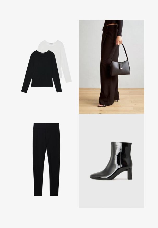 Dwie bluzki z długim rękawem, jedna czarna i jedna biała, obie z kwadratowym dekoltem i wykonane z miękkiego, elastycznego materiału.; Czarne elastyczne legginsy z szerokim, miękkim pasem, o gładkiej fakturze i dopasowanej sylwetce, odpowiednie do różnych aktywności.; Czarne lakierowane botki za kostkę z wysmukłym noskiem i średniej wysokości obcasem w kształcie słupka. Gładka tekstura i minimalistyczny design.; Czarna torebka o usztywnionym kształcie, gładkiej fakturze i metalowym zapięciem. Połączona z szerokimi czarnymi spodniami i sandałami na otwartym palcu na drewnianej podłodze.