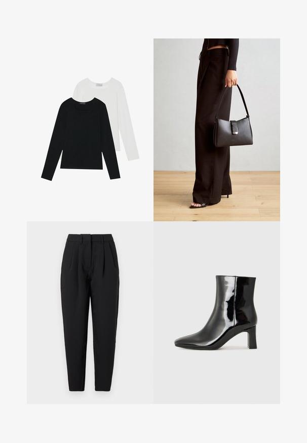 Dva dolga rokava, en črn in en bel, oba z kvadratnim izrezom in narejena iz mehkega, raztegljivega materiala.; Črne hlače ravnega kroja, z gubami spredaj, gladko teksturo in stranskimi žepi. Pas je standardne višine.; Črne lakirane gležnjarje z ošiljenim nosom in srednje visokim blokastim peto. Gladka tekstura in minimalističen dizajn.; Črna torbica z strukturirano obliko, gladko teksturo in kovinskim zaponko. Ujemajo se z širokimi črnimi hlačami in odprtimi sandali na lesenem tleh.