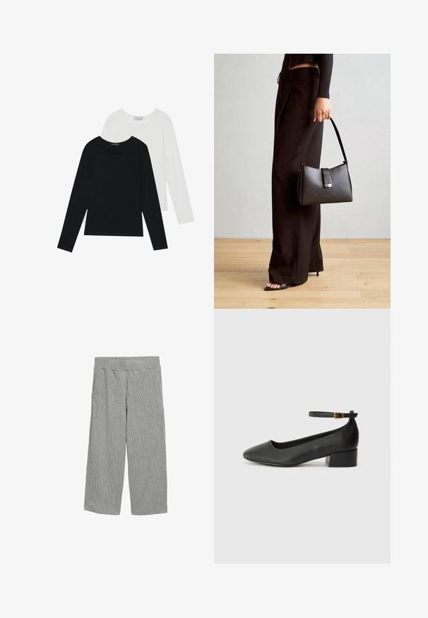 Két hosszú ujjú felső, az egyik fekete, a másik fehér, mindkettő négyzet alakú nyakkivágással rendelkezik, és puha, rugalmas anyagból készült.; Könnyű, szürke nadrág, amely függőleges csíkos mintával, széles lábú fazonnal, rugalmas derékkal és látható zsebek nélkül készült.; Fekete bőr magassarkú cipő hegyes orral és alacsony tömb sarkal. Bokapánttal rendelkezik, aranyszínű csattal. Simább textúra.; Fekete kézi táska strukturált formával, sima textúrával és fémből készült záródással. Széles fekete nadrággal és nyitott orrú szandállal párosítva, fából készült padlón.