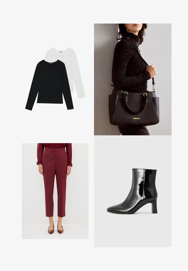Dwie bluzki z długim rękawem, jedna czarna i jedna biała, obie z kwadratowym dekoltem i wykonane z miękkiego, elastycznego materiału.; Bordowe spodnie o dopasowanym kroju z gładką fakturą, z zapięciem na guzik, plisowanym przodem i skróconą długością. W zestawie z butami na szpilkach.; Czarne lakierowane botki za kostkę z wysmukłym noskiem i średniej wysokości obcasem w kształcie słupka. Gładka tekstura i minimalistyczny design.; Czarna torebka z teksturowanej powierzchni, podwójnymi uchwytami na górze i regulowanym paskiem na ramię. Posiada złote okucia i boczne kieszenie.