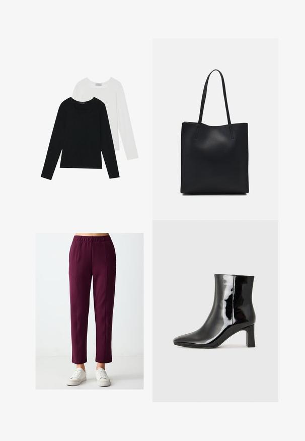 Twee shirts met lange mouwen, één zwart en één wit, beide met een vierkante halslijn en gemaakt van zacht, rekbaar materiaal.; Bordeauxrode pull-on broeken met een rechte pijp, met een gladde textuur en contrasterende stiksels. Gepaard met witte sneakers.; Zwarte gepolijste leren enkellaars met een spitse neus en een blokhak van gemiddelde hoogte. Glad textuur en minimalistisch ontwerp.; Zwarte leren handtas met een gladde textuur, rechthoekige vorm en twee lange handvaten. Geen zichtbare hardware of versieringen.