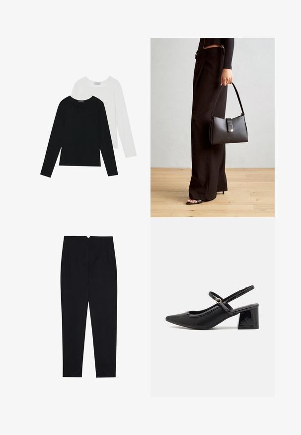 Dos camisetas de manga larga, una negra y otra blanca, ambas con escote cuadrado y confeccionadas en un tejido suave y elástico.; Pantalones negros hechos de una tela texturizada, con un frente plano, bolsillos laterales y un corte recto con una cintura de altura media.; Tacones slingback de charol negro con punta afilada, un diseño de corte redondeado y tacón bloque. Incluye un detalle de hebilla en tono dorado.; Bolso negro con forma estructurada, textura suave y un cierre metálico. Combinado con pantalones anchos negros y sandalias de dedo en un suelo de madera.