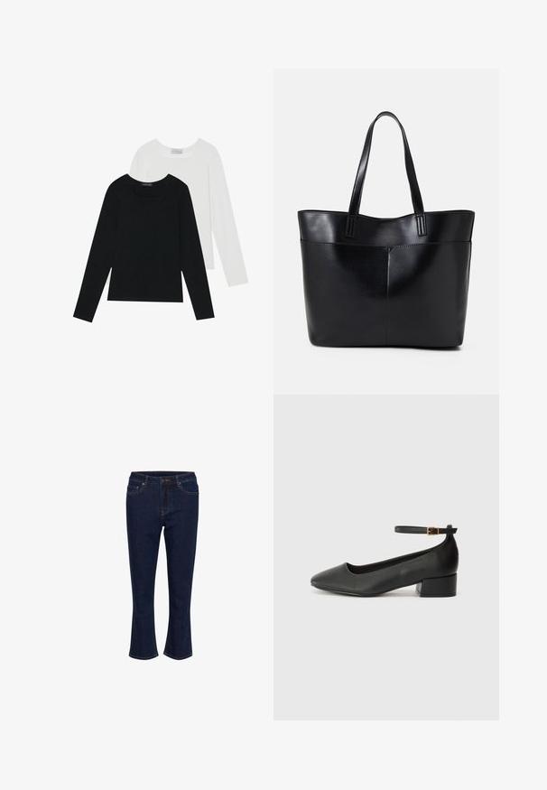 Kaks pikka varrukatoppi, üks must ja teine valge, mõlemad ruudukujulise kaelusega ja valmistatud pehmest, venivast kangast.; Tumed sinise denimist teksad keskmise kõrge vöökoht, nööbikinnis, esipockets ja kerge laienemine allääres.; Must mustaapp, millel on terav nina ja madal blokk-kand. Omab pahkluu rihma koos kuldse tooni pandlaga. Sile tekstuur.; Must mustaga musta nahast, millel on kaks pikka kanda, sile tekstuur ja struktureeritud kuju. Esipoolsel on lisakoti jaoks tasku.