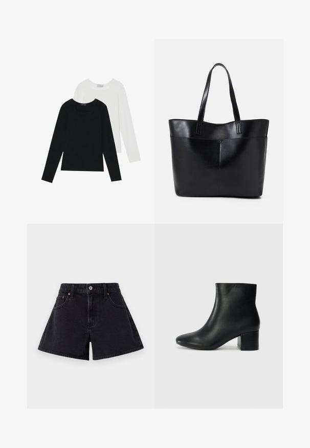 Kaks pikka varrukatoppi, üks must ja teine valge, mõlemad ruudukujulise kaelusega ja valmistatud pehmest, venivast kangast.; Mustadest denimist lühikesed püksid kõrge vöökohaga, millel on ees nööp sulgemine, viie-tasku disain ja kergelt laienev vorm.; Mustad nahast pahkluu saapad terava varbaga ja jämeda kandaga. Sile tekstuur minimaalse aktsentidega ja stiilne, lihvitud disain.; Must mustaga musta nahast, millel on kaks pikka kanda, sile tekstuur ja struktureeritud kuju. Esipoolsel on lisakoti jaoks tasku.