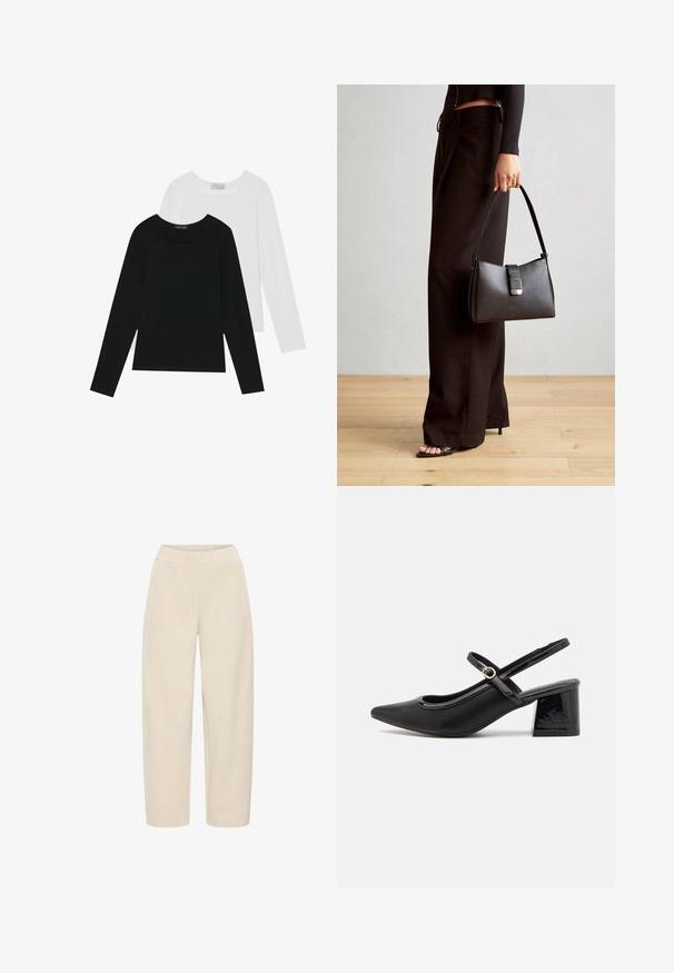 Deux tops à manches longues, un noir et un blanc, tous deux avec un décolleté carré et fabriqués en tissu doux et extensible.; Pantalons à jambes larges beiges avec une taille élastique. Fabriqués à partir d'un tissu doux et texturé, présentant une finition lisse et sans motifs supplémentaires.; Escarpins slingback en cuir verni noir avec un embout pointu, un design à découpes arrondies et un talon carré. Présente un accent de boucle en ton doré.; Sac à main noir à la forme structurée, texture lisse et fermoir métallique. Associé à un pantalon noir ample et des sandales ouvertes sur un sol en bois.