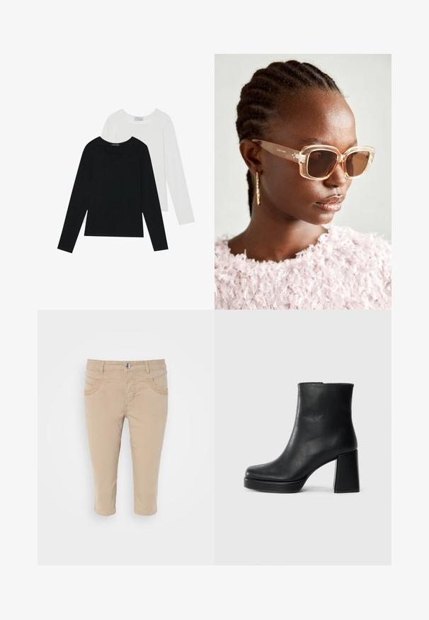 Dva dolga rokava, en črn in en bel, oba z kvadratnim izrezom in narejena iz mehkega, raztegljivega materiala.; Bež kratke chinos hlače z gladko bombažno teksturo, ki imajo dva sprednja žepa in gumbasto zapiranje na pasu.; Črne usnjene gležnjarje z blok peto in platformo, prikazane s strani na enobarvni beli podlagi.; Bežna oversized sončna očala s prozornim okvirjem in rjavimi lečami, ki imajo subtilne cvetlične poudarke in drzen, geometrijski dizajn.