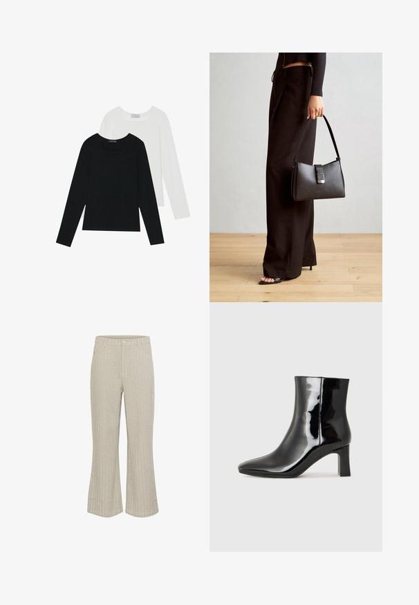 Zwei Langarmoberteile, eines schwarz und eines weiß, beide mit einem quadratischen Ausschnitt und aus weichem, dehnbarem Stoff.; Beige Schlaghosen mit strukturiertem Rippmuster, ausgestattet mit einem vorderen Knopfverschluss und Taschen. Der Stoff wirkt weich mit einem leichten Glanz.; Schwarzer Lackleder-Stiefelette mit spitzer Zehe und einem mittelhohen Blockabsatz. Glatte Textur und minimalistisches Design.; Schwarze Handtasche mit strukturierter Form, glatter Textur und einem metallischen Verschluss. Kombiniert mit weiten schwarzen Hosen und offenen Sandalen auf einem Holzboden.