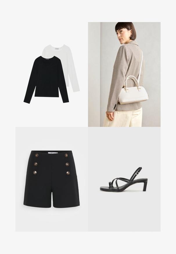 Dwie bluzki z długim rękawem, jedna czarna i jedna biała, obie z kwadratowym dekoltem i wykonane z miękkiego, elastycznego materiału.; Czarne szorty z teksturowanej tkaniny, z wysokim stanem, złotymi guzikami i dwiema przednimi kieszeniami.; Czarne sandały na obcasie z prostokątnym noskiem i niskim słupkowym obcasem. Posiadają wiele cienkich pasków i regulowany pasek na kostkę. Wykonane z gładkiej skóry.; Biała torebka o strukturalnym kształcie z krótkimi uchwytami i paskiem na ramię, z złotymi akcentami i teksturowanym materiałem, prezentowana na szarym tle.