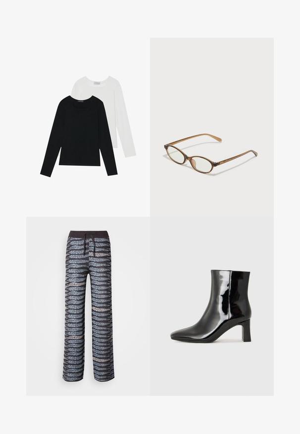 Dva dugo rukava, jedan crni i jedan bijeli, oba s kvadratnim izrezom i izrađeni od mekane, rastezljive tkanine.; Lagani, šareni hlače s tamnom osnovom i naizmjeničnim plavim i sivim motivima lišća, elastičnim pojasom i vezicom.; Crne lakirane kožne gležnjače s šiljastim prstom i srednje visokom blok petom. Glatka tekstura i minimalistički dizajn.; Smeđe skupe naočale s ovalnim lećama, tankim drškama i prozirnim akcentima. Ima suptilan logo na sljepoočnici. Elegantan, lagan dizajn.