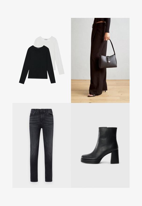 Kaksi pitkähihainen paitaa, yksi musta ja yksi valkoinen, molemmat neliönmallisella kaula-aukolla ja pehmeästä, joustavasta kankaasta valmistettu.; Mustat farkut suoran leikkauksen kanssa. Ominaisuuksiin kuuluu viisi taskua, nappisuljenta ja vyölenkit. Kangas on sileä ja hieman joustava.; Musta nahkasaapas nilkkapituisena, jossa on paksu korko ja alustapohja, nähtynä sivulta yksinkertaisella valkoisella taustalla.; Musta käsilaukku, jossa on rakenteellinen muoto, sileä pinta ja metallinen solki. Yhdistetty leveisiin mustiin housuihin ja avonaiheisiin sandaaleihin puulattialla.