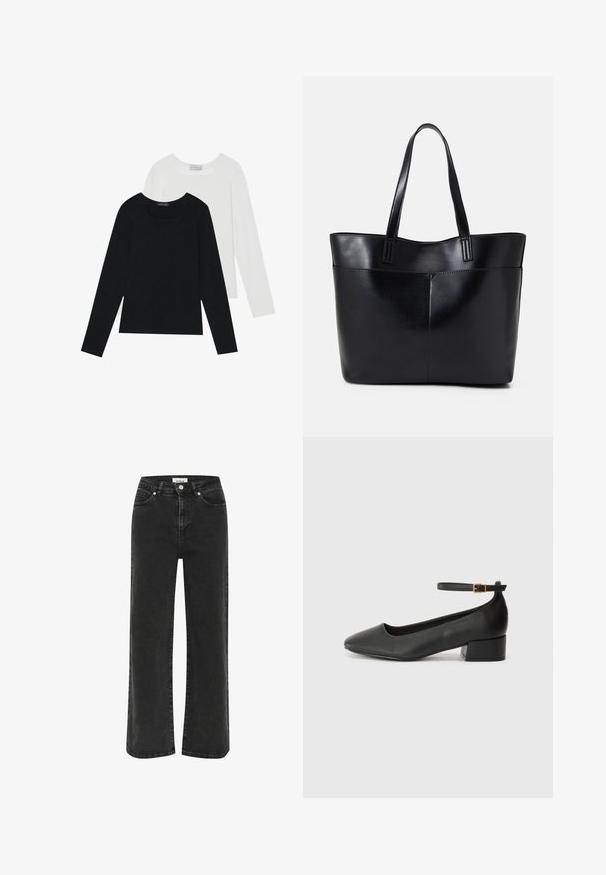 Dva dugo rukava, jedan crni i jedan bijeli, oba s kvadratnim izrezom i izrađeni od mekane, rastezljive tkanine.; Crne široke traperice od denima, s visokim strukom, prednjim džepovima i zatvaranjem na patentni zatvarač s gumbom. Suptilno izbjeljivanje na tkanini.; Crne kožne pumpe s oštrim vrhom i niskom blok petom. Sadrže remen oko gležnja s zlatnim kopčanjem. Glatka tekstura.; Crna kožna torba s dugim ručkama, glatkom teksturom i strukturiranim oblikom. Ima prednju džep za dodatno pohranu.