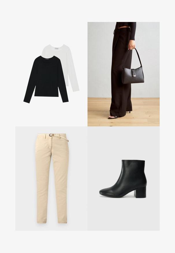 Divi ilgiem piedurknēm tops, viens melns un otrs balts, abiem ir kvadrāta izgriezums un tie ir izgatavoti no mīksta, elastīga auduma.; Beige chinos no nošu auduma ar gludu tekstūru, aprīkoti ar austu jostu un standarta kabatām. Šaurs piegriezums ar taisnām kājām.; Melna ādas potīšu zābaki ar smailu purngalu un masīlu papēdi. Gluda tekstūra ar minimāliem akcentiem un gludu, pieguļošu dizainu.; Melnā somiņa ar strukturētu formu, gludu tekstūru un metālu sprādzi. Saskaņota ar platām melnām biksēm un sandālēm ar atvērtu purngalu uz koka grīdas.
