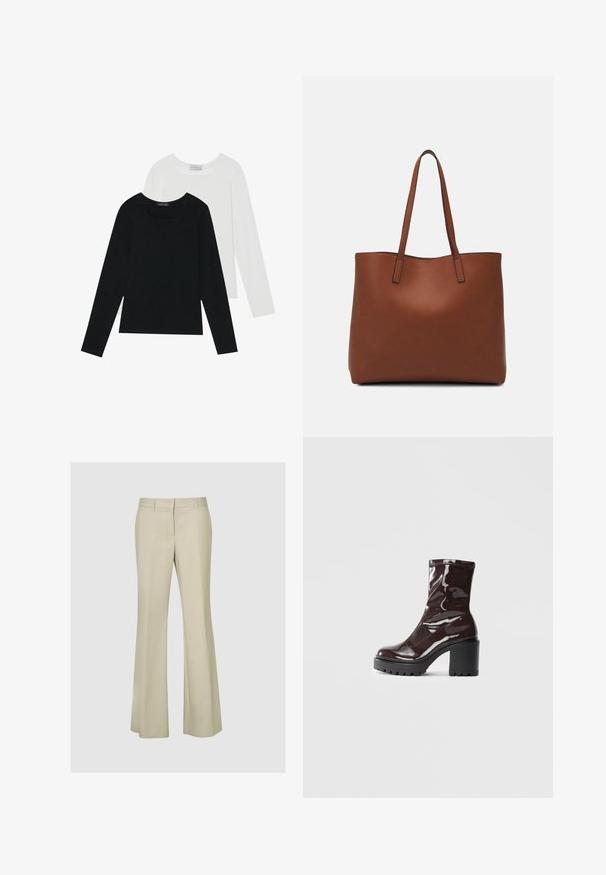 Deux tops à manches longues, un noir et un blanc, tous deux avec un décolleté carré et fabriqués en tissu doux et extensible.; Pantalons évasés beiges en tissu lisse, avec une taille mi-haute, des détails de coutures et sans matériel ni motifs visibles.; Bottines bordeaux brillantes à talon épais noir, avec une texture lisse et un design simple. Aucune fermeture visible ni motifs.; Sac fourre-tout en cuir marron avec une texture lisse, design à ouverture supérieure et deux poignées pour le porter à l'épaule. Présente des coutures minimales et aucun matériel visible.