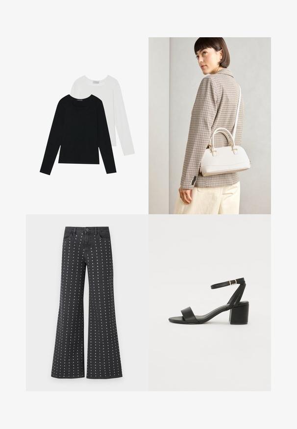 To lange ermer t-skjorter, en svart og en hvit, begge med firkantet utringning og laget av mykt, elastisk stoff.; Sorte, utvidete denimjeans med et mønster av små sølvnagler ordnet vertikalt. Fem lommer og en knappelukking er inkludert.; Sorte hælede sandaler med en glat læderoverdel, åben tå, brede frontstropper og justerbar ankelstrop med en gold spænde detalje.; Hvit strukturert håndveske med korte håndtak og skulderreim, med detaljer i gullfinish og teksturert materiale, vist mot en grå bakgrunn.