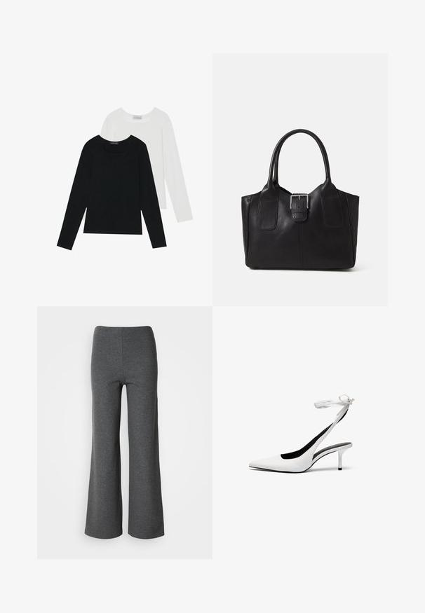 Two long-sleeve tops, one black and one white, both featuring a square neckline and made from soft, stretchy fabric.; Gray wide-leg trousers made of soft fabric, featuring a smooth texture and a high-waisted design with no visible fastenings.; White pointed-toe slingback heels with a thin ankle strap. Smooth leather material, thin stiletto heel, and a black interior lining.; Black leather tote bag with smooth texture, structured shape, two handles, and a prominent silver buckle detail on the front.