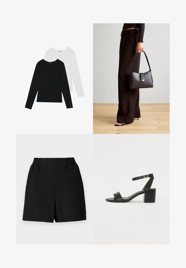 Kaks pikka varrukatoppi, üks must ja teine valge, mõlemad ruudukujulise kaelusega ja valmistatud pehmest, venivast kangast.; Mustavad lühikesed püksid tekstuuriga kangast, elastse vöökojaga ja sirge lõikega. Omab puhtat disaini, ilma lisakaunistuste või mustriteta.; Mustad mustakäpp featuring a sileda nahast ülemine osa, avatud varvas, laiad esistrapid ja reguleeritav pahkluu rihm kuldse pandlaga.; Must musta kott, millel on struktureeritud kuju, sile tekstuur ja metallist klamber. Kombineeritud laiate mustade pükstega ja avatud varvaste sandaalidega puidust põrandal.