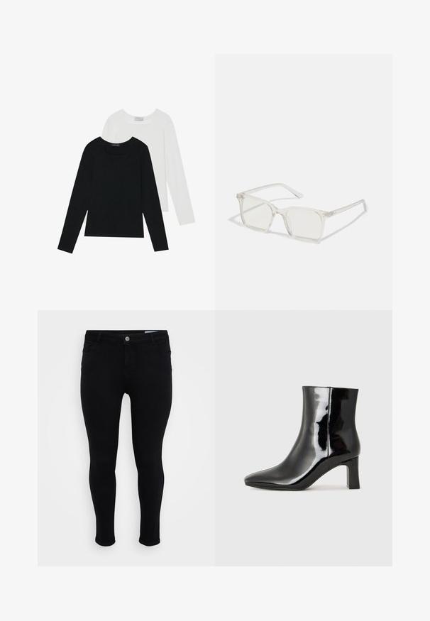 Dva dugo rukava, jedan crni i jedan bijeli, oba s kvadratnim izrezom i izrađeni od mekane, rastezljive tkanine.; Crne slim-fit hlače s kopčanjem na dugme i patentni zatvarač, prednjim i stražnjim džepovima, te petljama za remen na jednostavnoj bijeloj pozadini.; Crne lakirane kožne gležnjače s šiljastim prstom i srednje visokom blok petom. Glatka tekstura i minimalistički dizajn.; Prozirne plastične naočale kvadratnog okvira s prozirnim lećama, koje sadrže zlatne akcentne detalje na drškama.; Crna torba s oblikom koji sadrži strukturu, glađu teksturu i metalnu kopču. Uparena s širokim crnim hlačama i sandalama na otvorenom s drvenog poda.