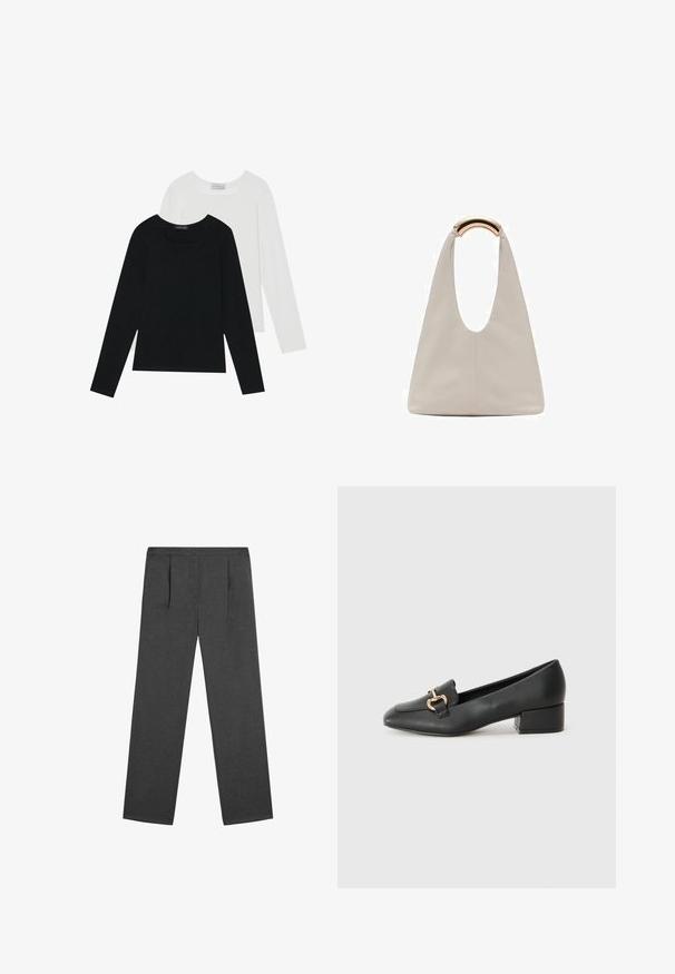 Dwie bluzki z długim rękawem, jedna czarna i jedna biała, obie z kwadratowym dekoltem i wykonane z miękkiego, elastycznego materiału.; Szare spodnie o prostym kroju, z dwiema plisami z przodu, z zapięciem na guzik oraz gładkim, teksturowanym materiałem.; Czarne skórzane loafersy z płaskim obcasem, z ozdobnym złotym detalem z przodu i gładką fakturą.; Jasnoszara skórzana torba o kształcie litery U z zakrzywionym metalowym uchwytem. Gładka tekstura z minimalnymi szwami i bez widocznych wzorów.