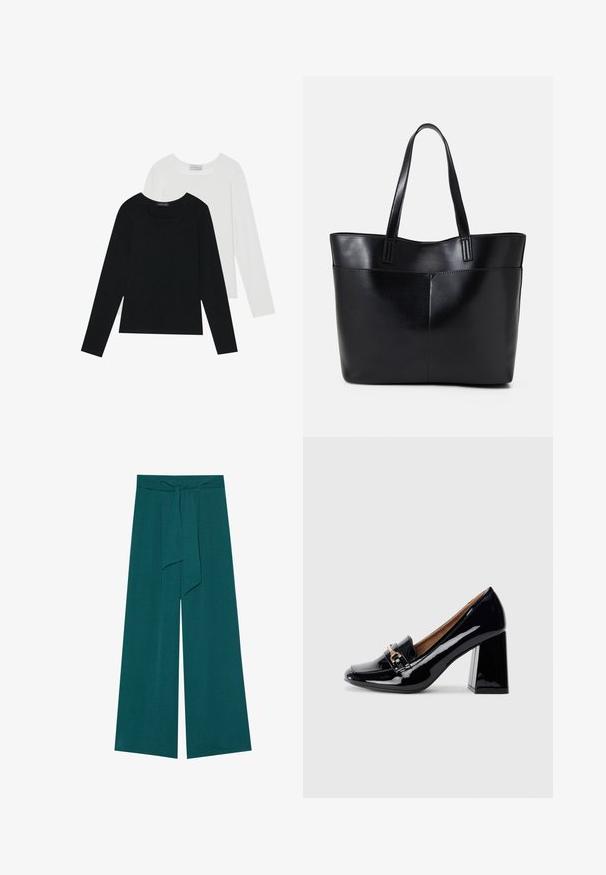 Dva dolga rokava, en črn in en bel, oba z kvadratnim izrezom in narejena iz mehkega, raztegljivega materiala.; Široke hlače v temno zeleni barvi z teksturirano površino, ki imajo zavezan pas za prilagodljivo prileganje in lahkotno silhueto.; Črne patent usnjene čeveljce s peto, ošiljenim nosom in blok peto. Imajo dekorativno zanko in zaponko na sprednjem delu.; Črna usnjena torba z dvema dolgima ročajema, gladko teksturo in strukturirano obliko. Ima sprednji žep za dodatno shranjevanje.