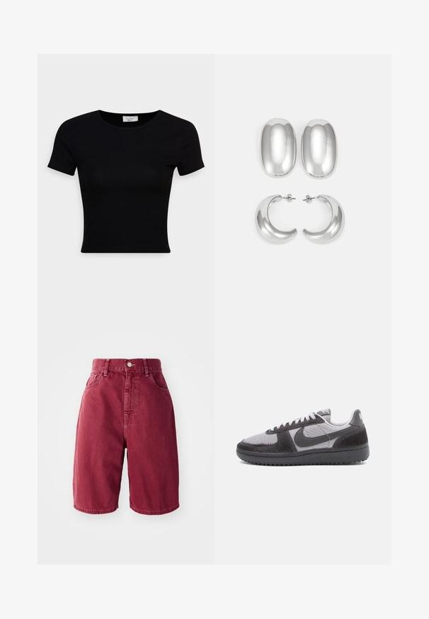 Melnas īsām piedurknēm t-krekls, izgatavots no gludas kokvilnas auduma, ar apaļu kakla izgriezumu un pieguļošu dizainu. Minimalistisks, bez redzamām rakstām.; Burgundijas džinsu šorti ar augstu jostasvietu. Iespējām ietilpst divas priekšējās kabatas, viens aizdare ar pogu un taisnas kājas griezums.; Zemāko džemperu ar pelēku sieta audumu, melniem teksturētiem pārklājumiem, melnu zoli, baltām auklām un melnu Nike swoosh sānos.; Sudraba krāsas auskari: divi ovāli studu auskari un divi pusmēness formas gredzeni, ar gludu, spīdīgu apdari un noapaļotu dizainu.